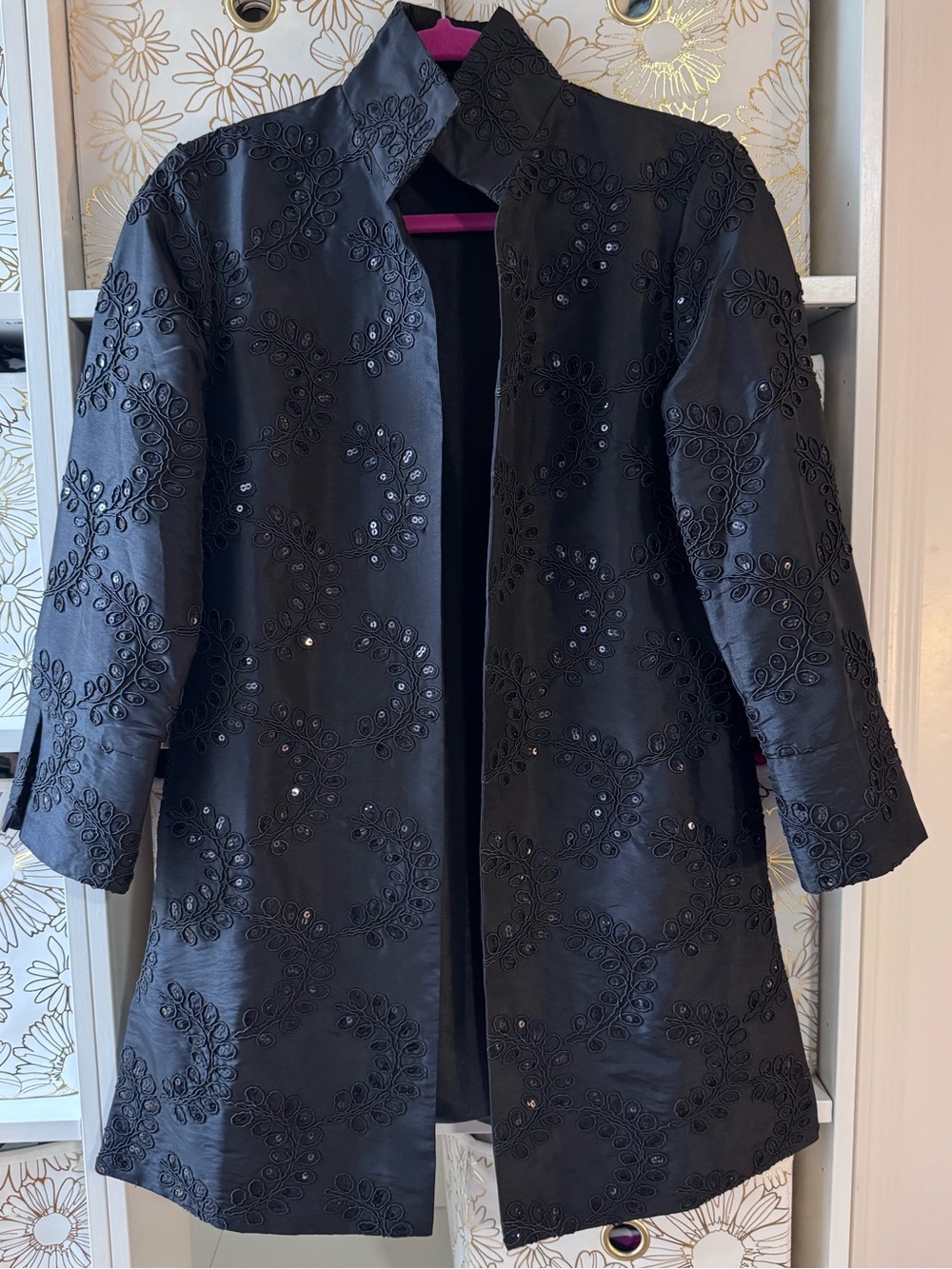 Grace Chuang NY Black Embroidered Sequin Statement Coat